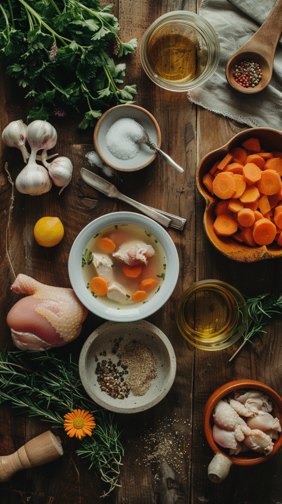 Fresh ingredients for Crockpot Keto Soup – vegetables, chicken, broth, and spices