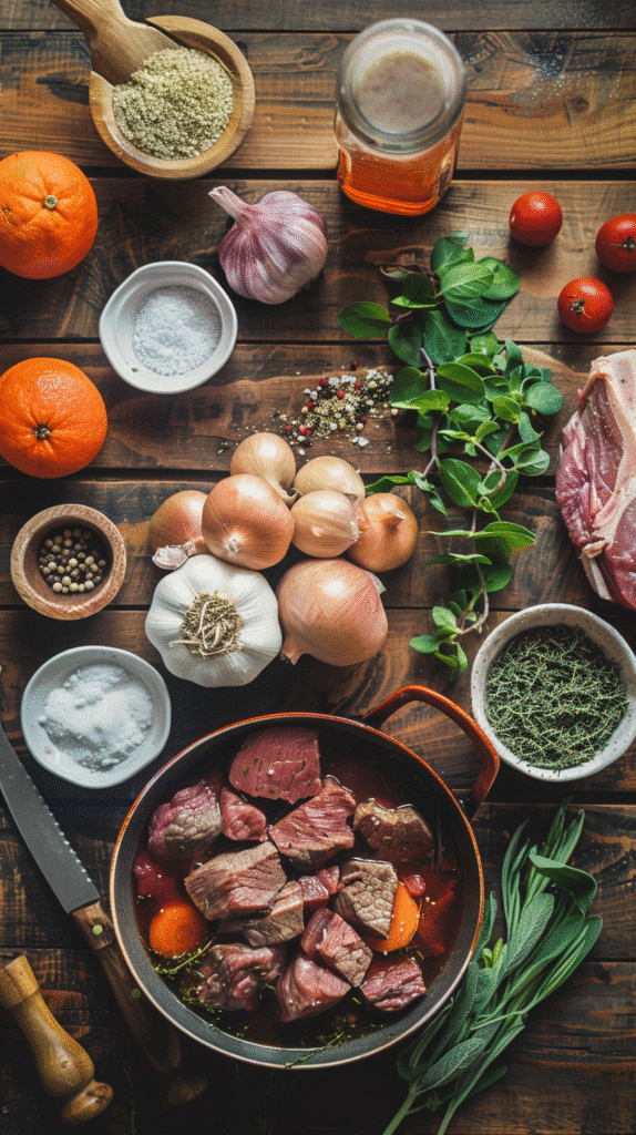 Fresh ingredients for Keto Crockpot Beef Stew – beef, vegetables, spices, and broth