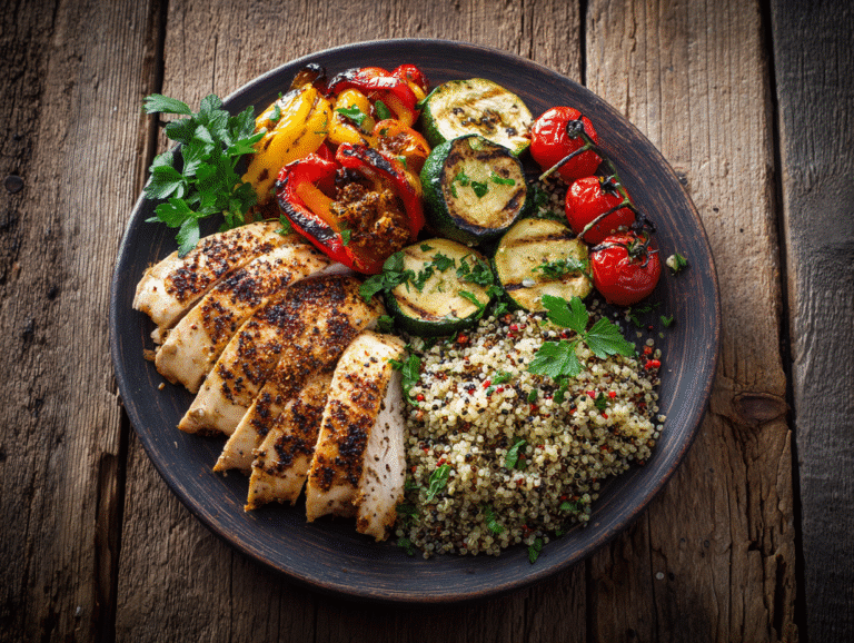High-protein dinner plate with chicken and vegetables