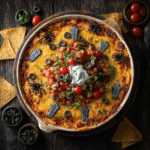 Haunted Graveyard Dip served with tortilla tombstones and olive spiders on a Halloween table