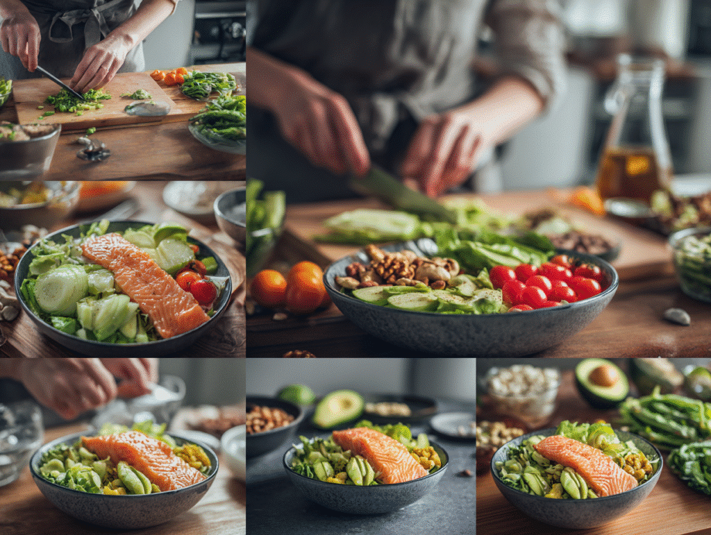 Preparing low-carb lunch bowls step by step