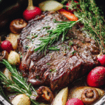 Juicy keto crockpot roast sliced on a wooden board with herbs and low-carb vegetables labeled around it.