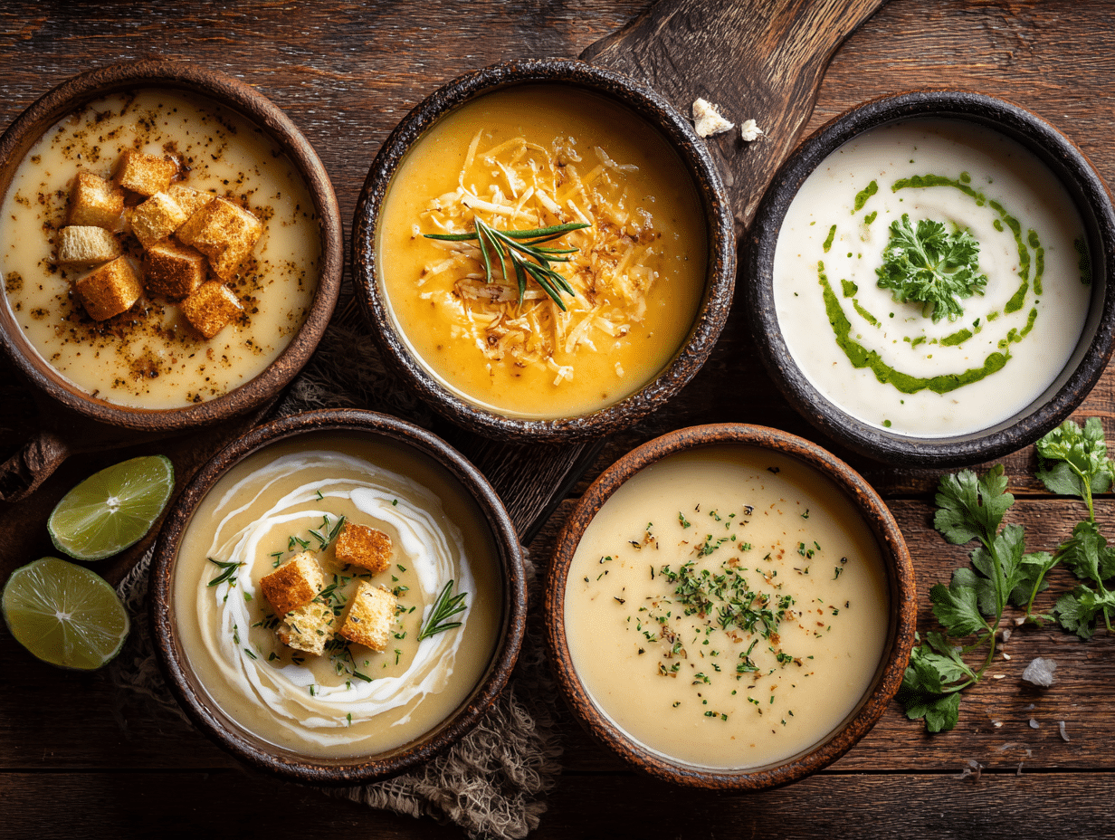 Five delicious potato soup varieties arranged together: creamy loaded with cheese, rustic herb with fresh thyme, cheddar garlic with croutons, classic creamy with parsley, and vegan coconut with lime. Ultimate potato soup guide visual recipe inspiration.