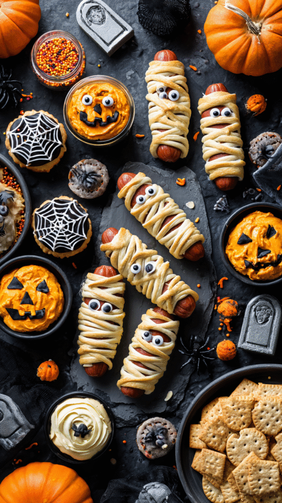 Halloween snack platter with mummy-wrapped sausages topped with candy eyes, spiderweb cookies, orange pumpkin-like dips, dark cupcakes, and crackers, surrounded by mini pumpkins and spooky decorations.