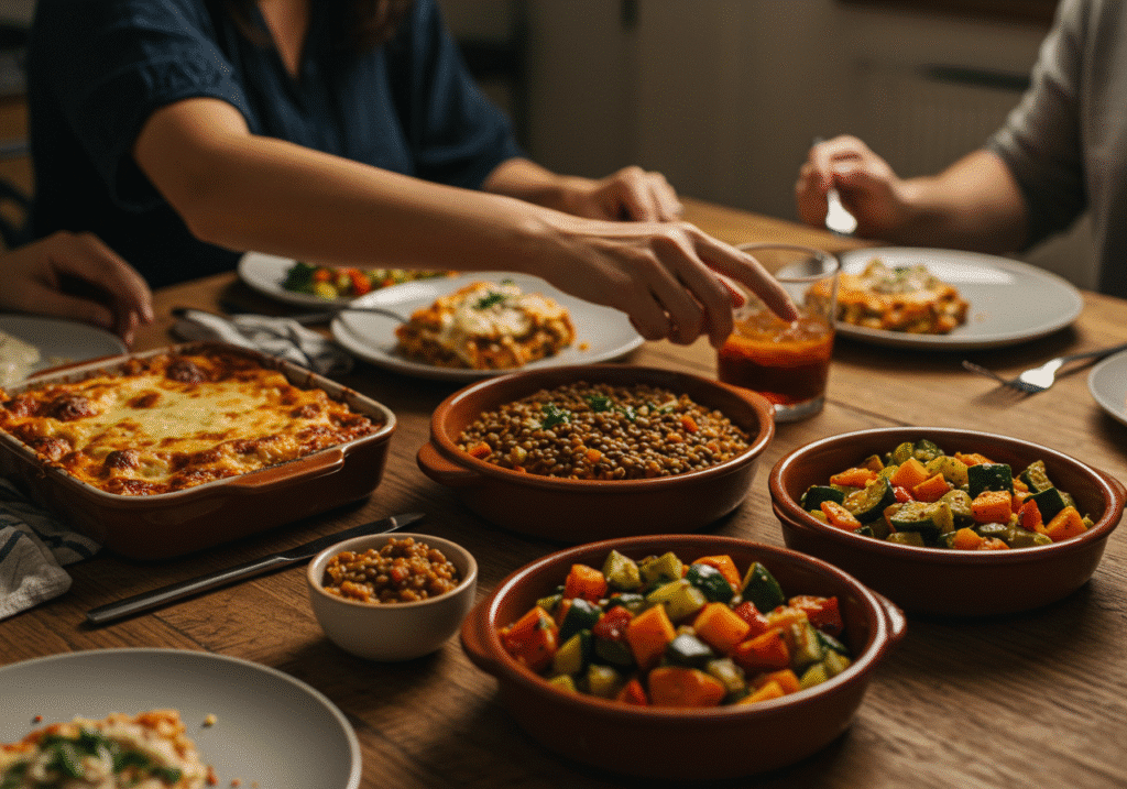 Vegetarian Dinner Recipes : Cozy vegetarian family dinner with pasta, roasted vegetables, and hearty comfort food on a rustic table