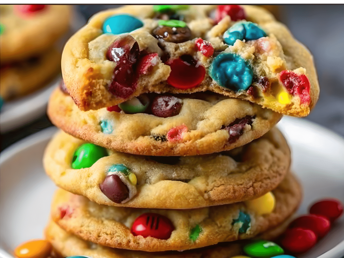 Colorful M&M cookies stacked on plate