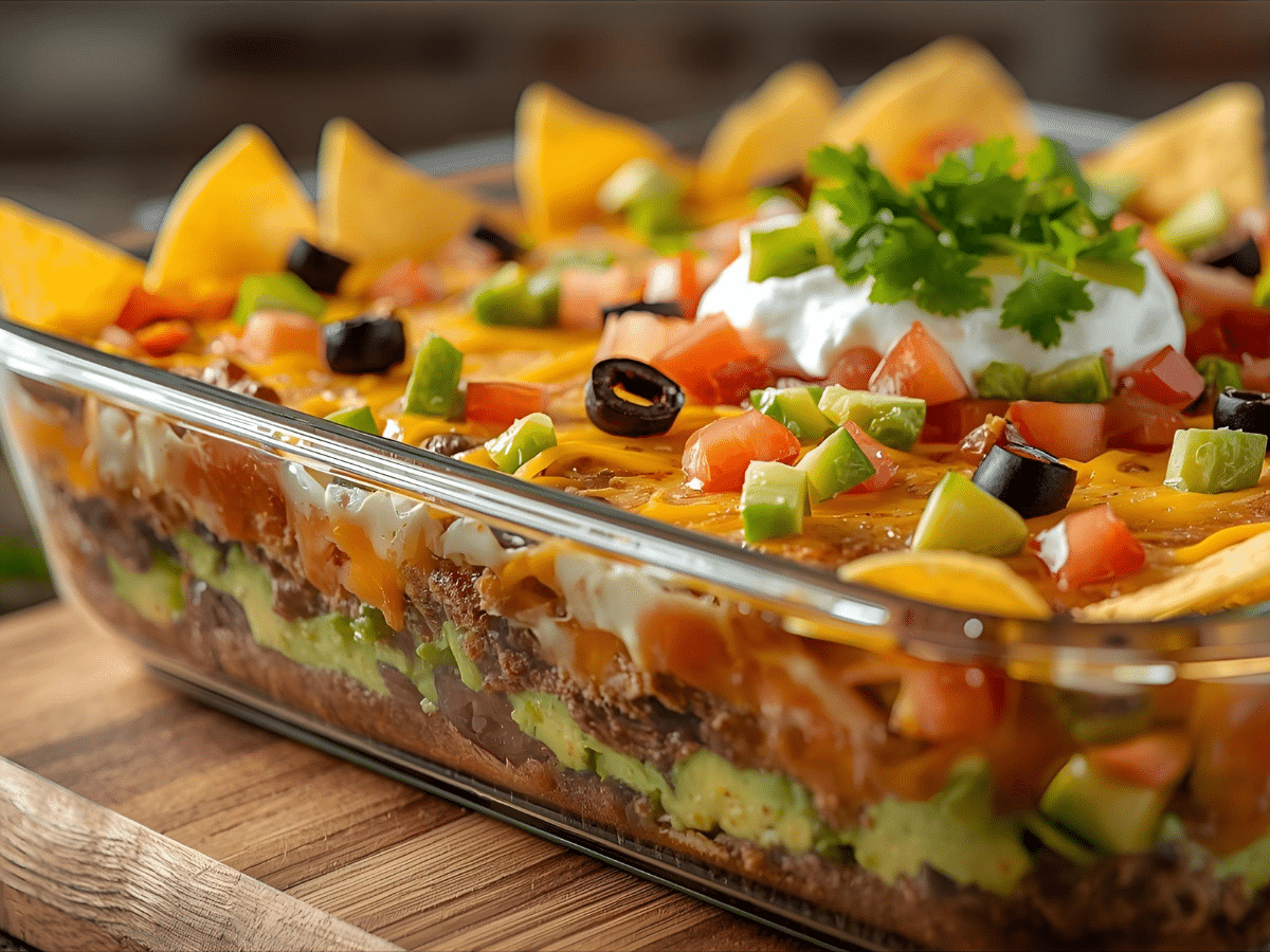 Alt: Seven Layer Taco Dip in a clear dish with beans, seasoned sour cream, guacamole, salsa, cheese, tomatoes, olives, and green onions.​