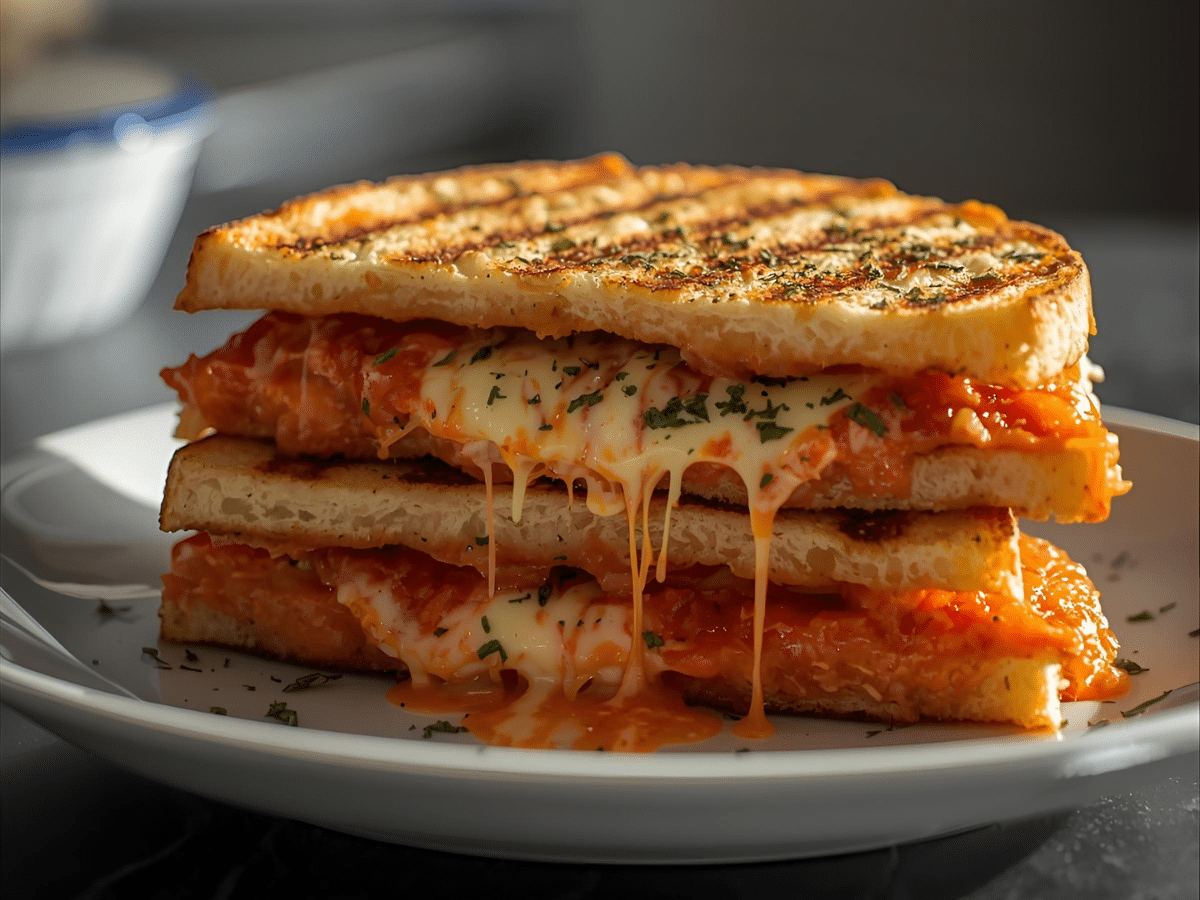 Cheesy focaccia pizza sandwich panini with marinara and melted mozzarella, crispy edges