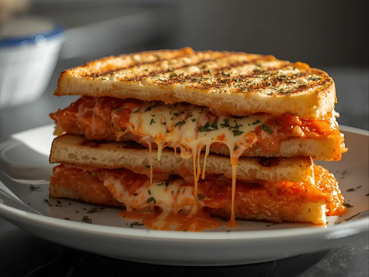 Cheesy focaccia pizza sandwich panini with marinara and melted mozzarella, crispy edges​