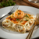 Step-by-step seafood lasagna: sauce, noodles, ricotta, crab and shrimp, mozzarella, final saucing before bake.