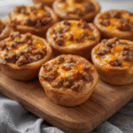 Stack of sausage pancake bites with dipping maple syrup.​