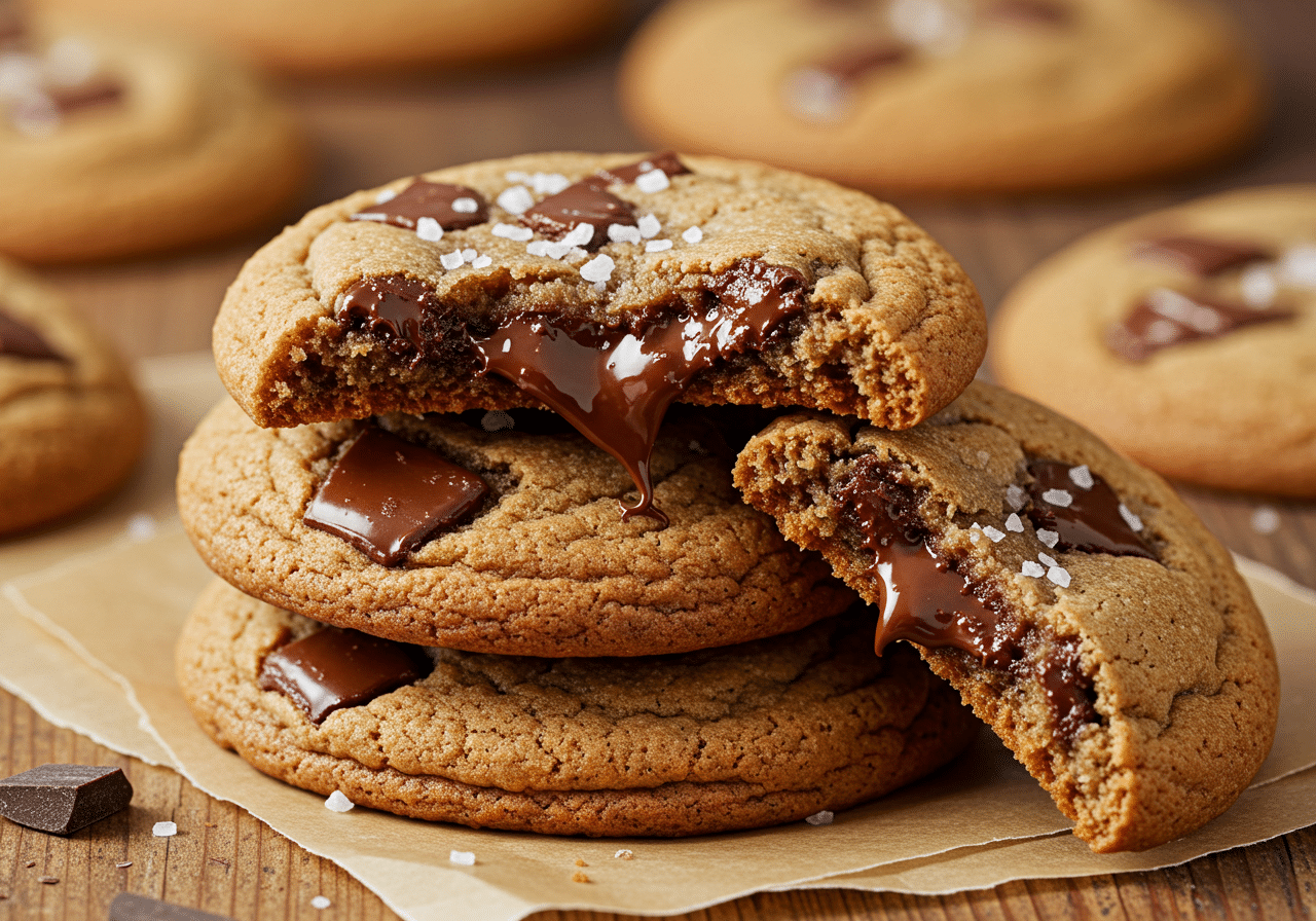 Chewy chocolate chip cookies stacked on a plate