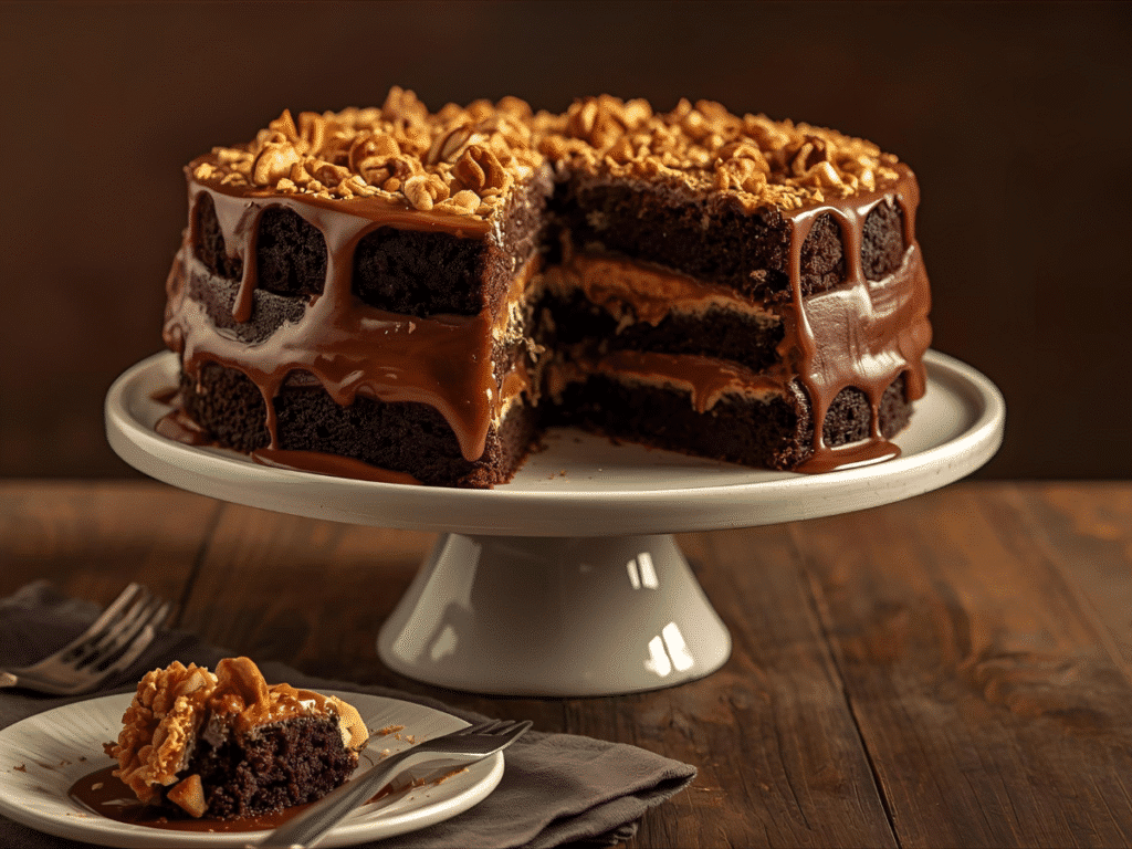 Chocolate caramel pretzel cake with glossy caramel drip;