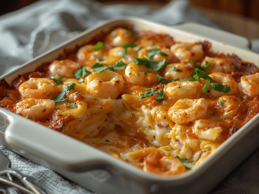 Creamy crab and shrimp lasagna slice with Alfredo, ricotta, and mozzarella stretch.