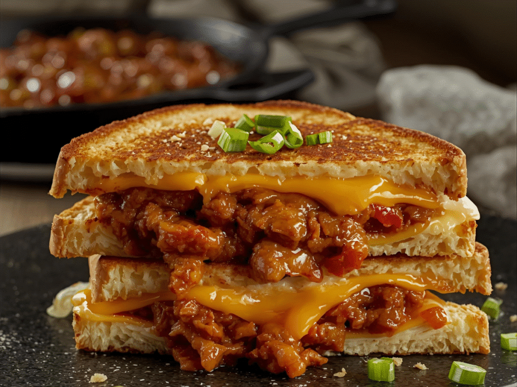 Sloppy Joe Grilled Cheese melt with crispy edges, cheese triangles, and rich homemade sloppy joe sauce.​