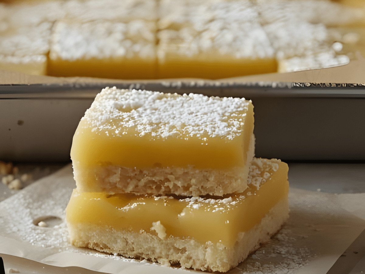 Easy lemon bars with shortbread crust and powdered sugar in a 9x13 pan