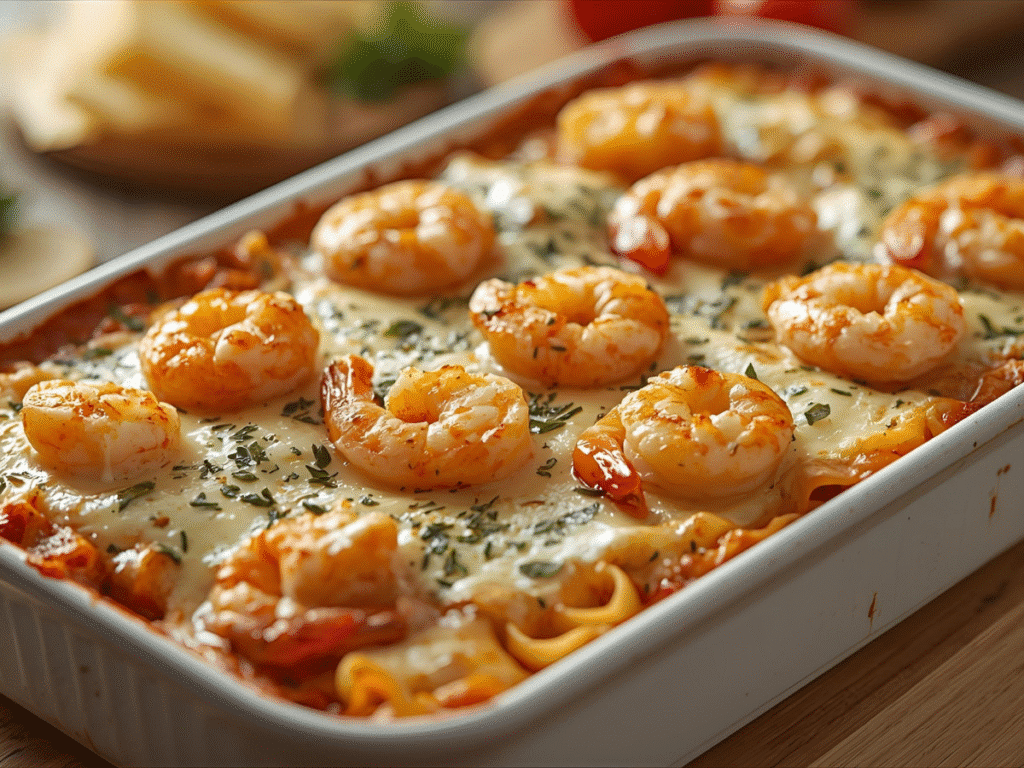 Slice of shrimp and crab seafood lasagna with ricotta and white sauce on a plate​