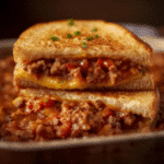 Ultimate Sloppy Joe Grilled Cheese on Texas toast with homemade sauce.