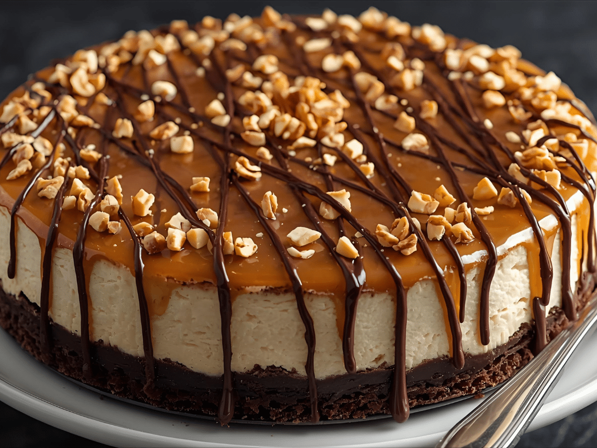 Snickers cheesecake on chocolate crust with caramel and peanuts, bakery-style candy cheesecake