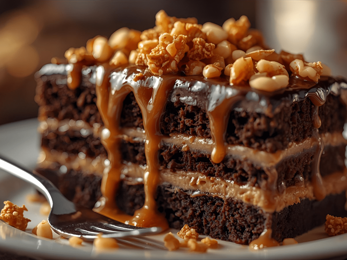 Chocolate caramel layer cake with salted caramel filling and caramel drip
