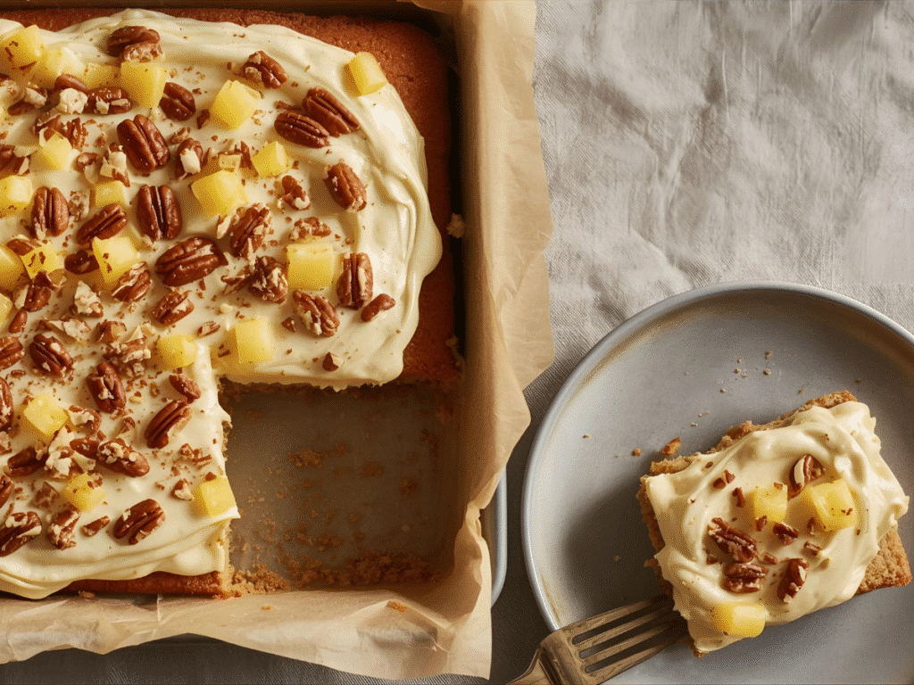 Pineapple Pecan Cake slice with thick cream cheese frosting and chopped pecans on top. 
