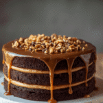 v1 Alt: Chocolate caramel layer cake with salted caramel drip and toffee crunch;