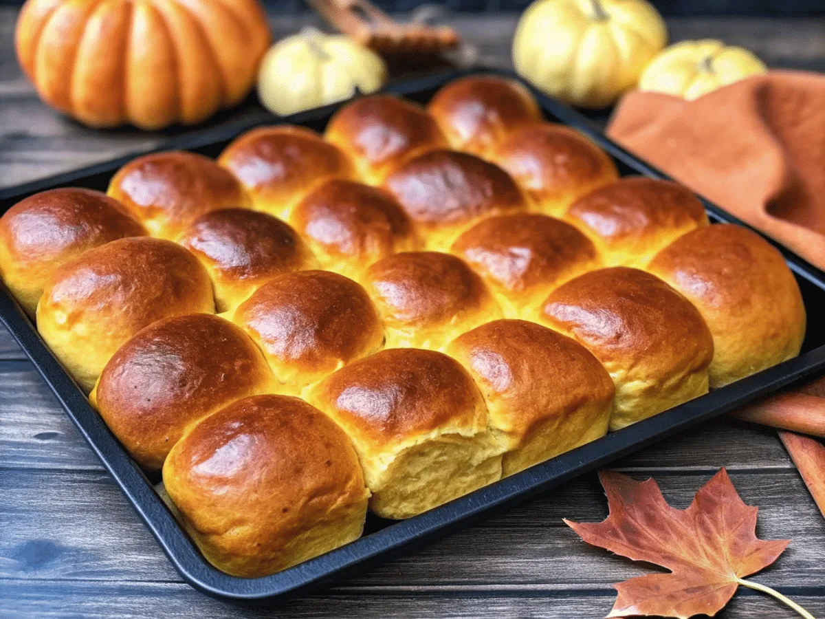 Soft pumpkin dinner rolls recipe with fluffy pumpkin yeast rolls for Thanksgiving.​