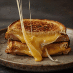 Close-up cheese pull from a golden grilled cheese sandwich with crisp edges