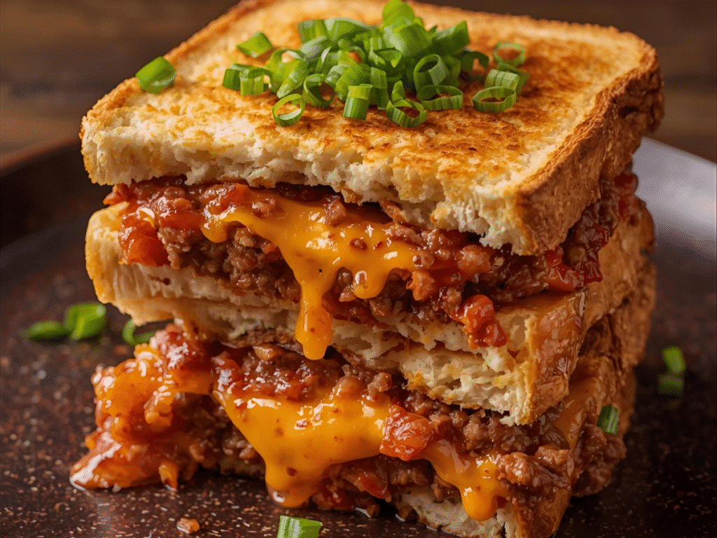 Ingredients for Sloppy Joe Grilled Cheese—Texas toast, cheddar, sloppy joe sauce basics, butter.