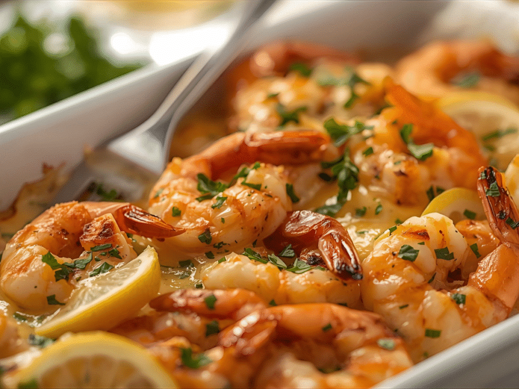 Garlic parmesan baked shrimp with lemon on a sheet pan; easy baked shrimp weeknight dinner.​