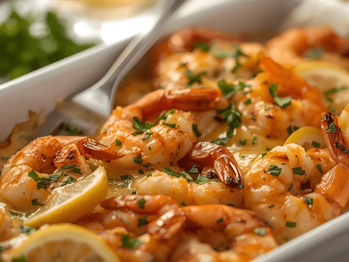 Garlic parmesan baked shrimp with lemon on a sheet pan; easy baked shrimp weeknight dinner.​