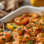 Sheet pan garlic parmesan shrimp with lemon slices; quick and easy dinner.​