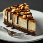 Slice of Snickers cheesecake with caramel drip on plate; candy cheesecake vibes