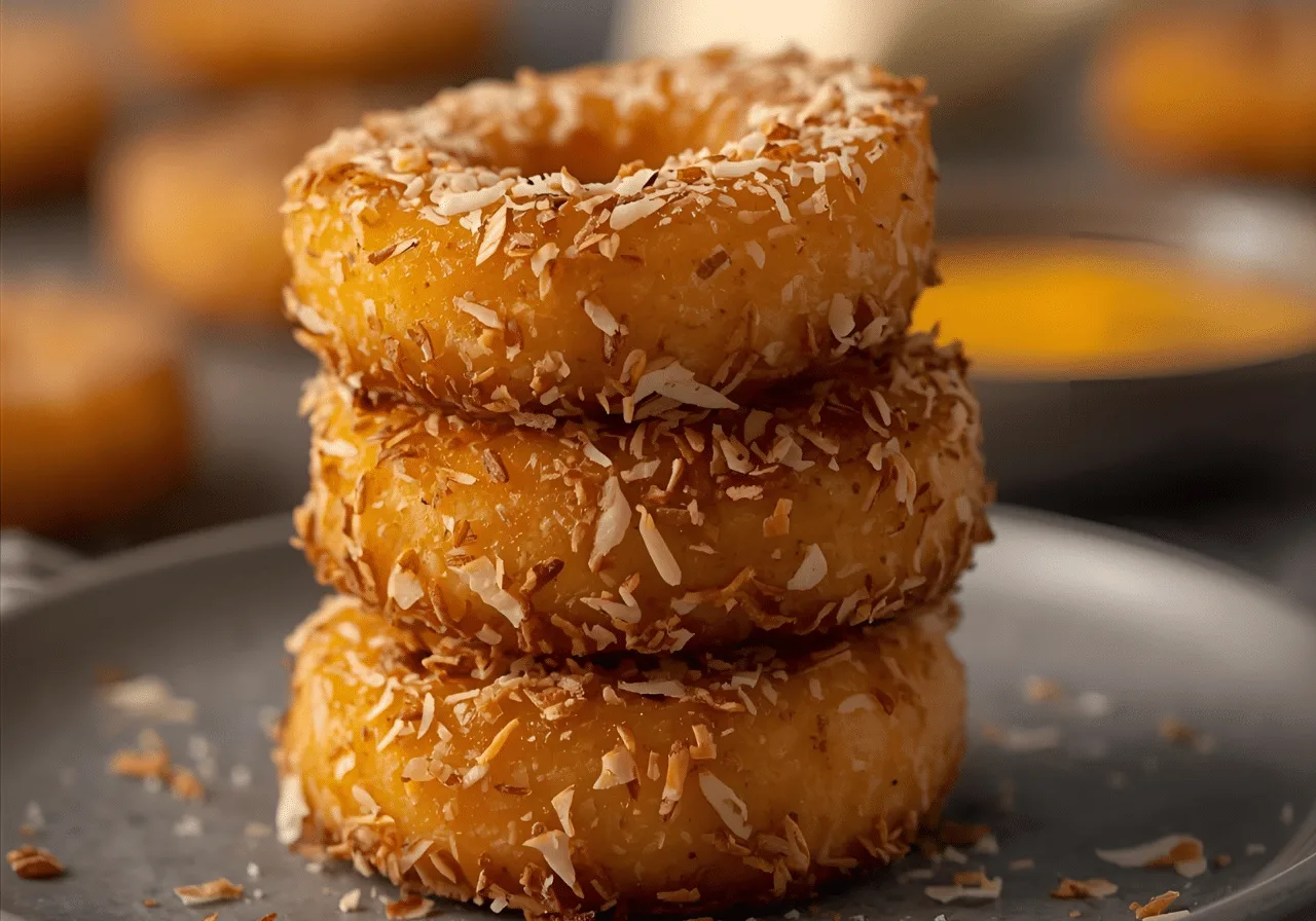 Alt Text: Golden crispy fried pineapple rings with white chocolate drizzle and toasted coconut, tropical dessert.