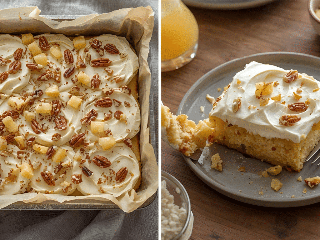 Overhead frosted pineapple pecan sheet cake with pecan bits and pineapple pieces. 