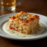 Creamy seafood lasagna with shrimp and crab, ricotta layers, golden melted cheese, Italian seasoning​