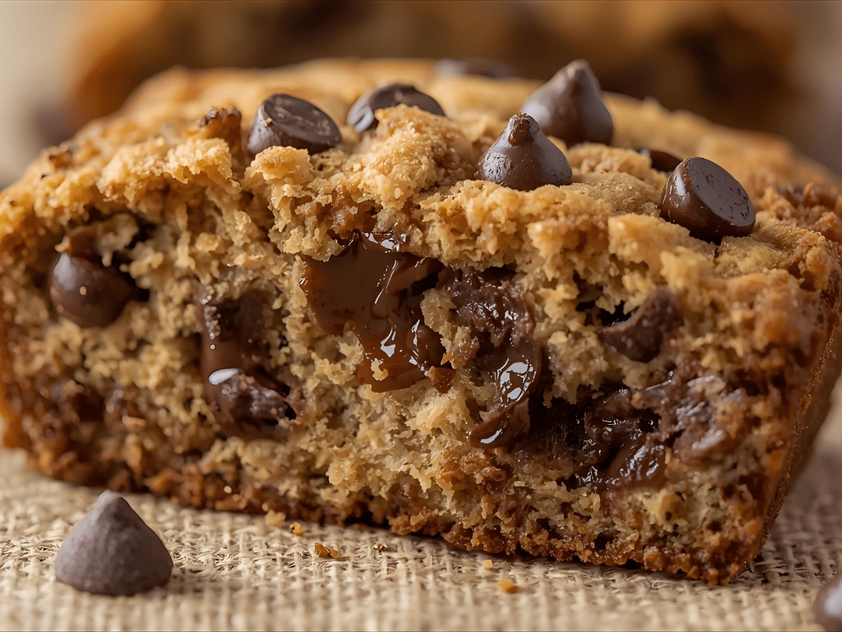Ultra moist Chocolate Chip Banana Bread loaf with melty chips on rack, one-bowl Easy Banana Bread Recipe​