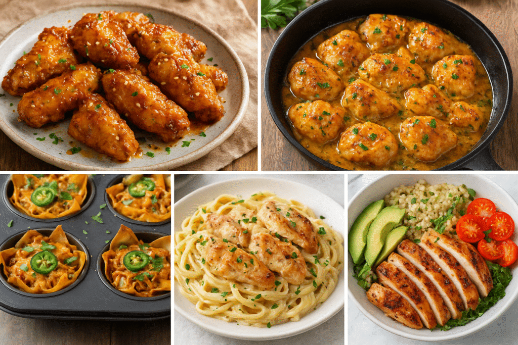 Easy Chicken Recipes: A collage of five delicious chicken recipes including crispy wings, creamy Alfredo pasta, taco cups, garlic butter chicken, and quinoa bowl.