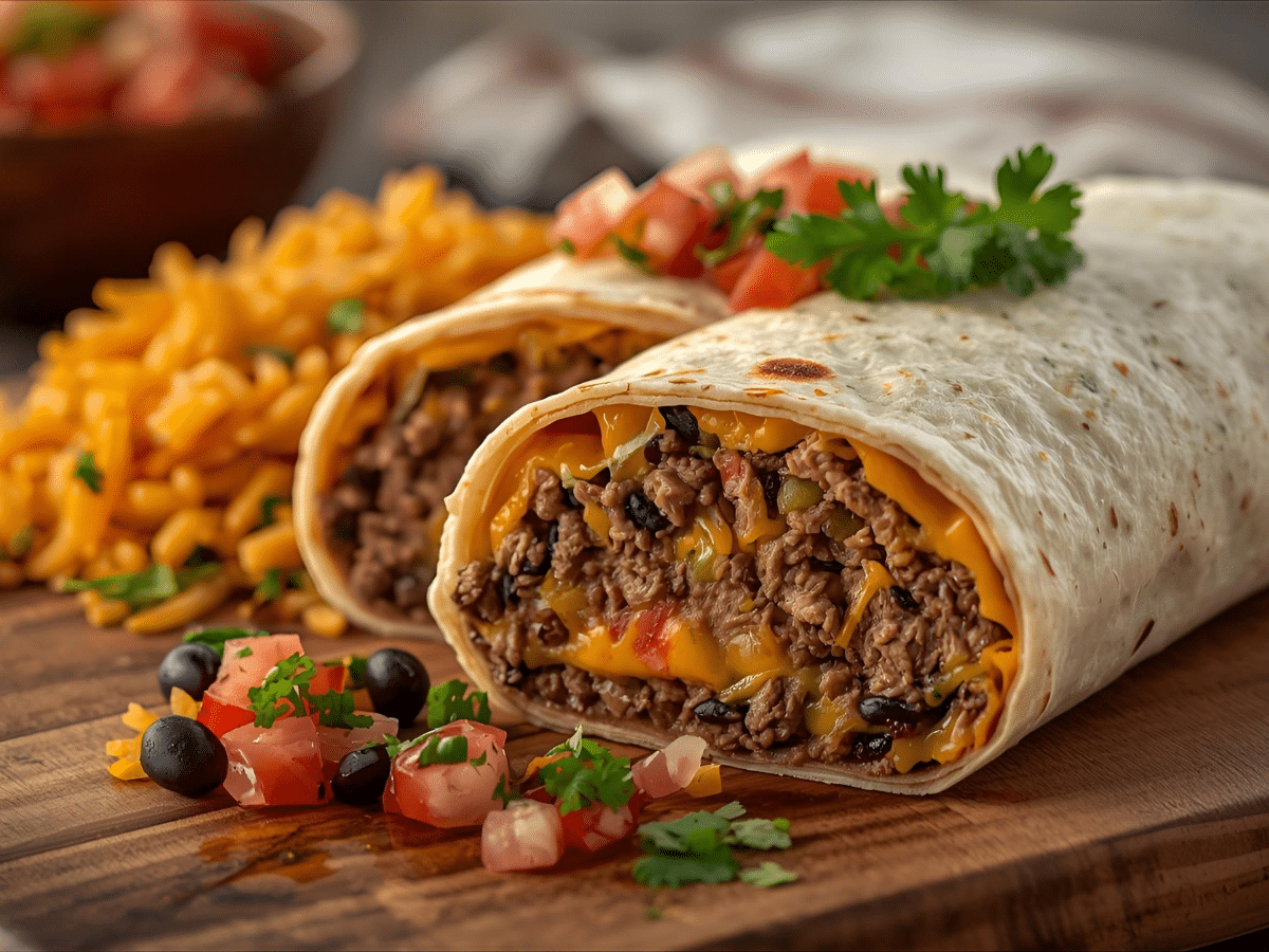 Cheesy beef burrito cut open with seasoned ground beef, rice, beans, and melty cheddar​