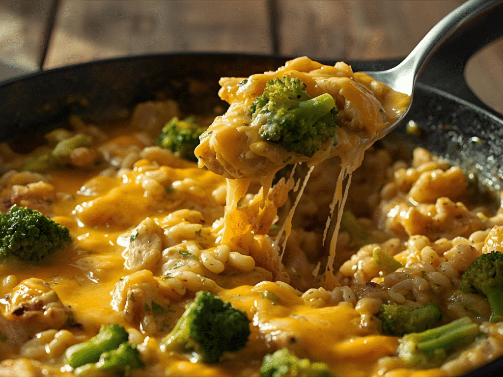 Cheesy broccoli chicken and rice skillet casserole with golden cheddar and tender chicken.​