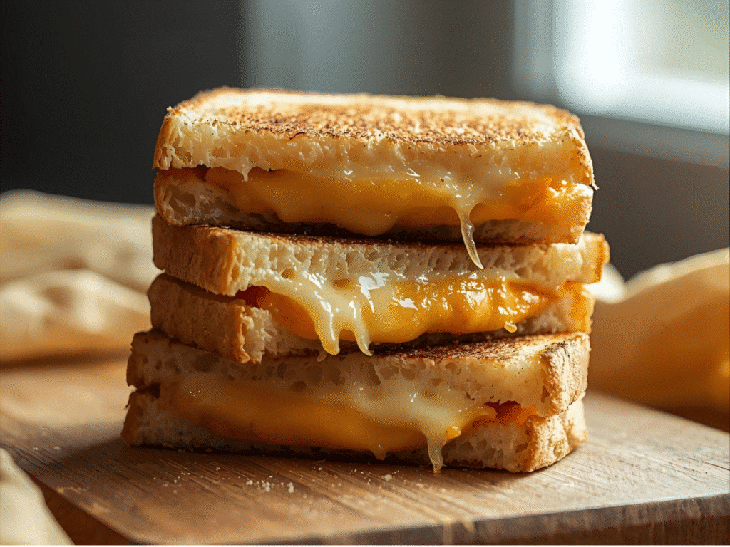 Ultimate grilled cheese sandwich on sourdough with melted cheddar and American cheese​
