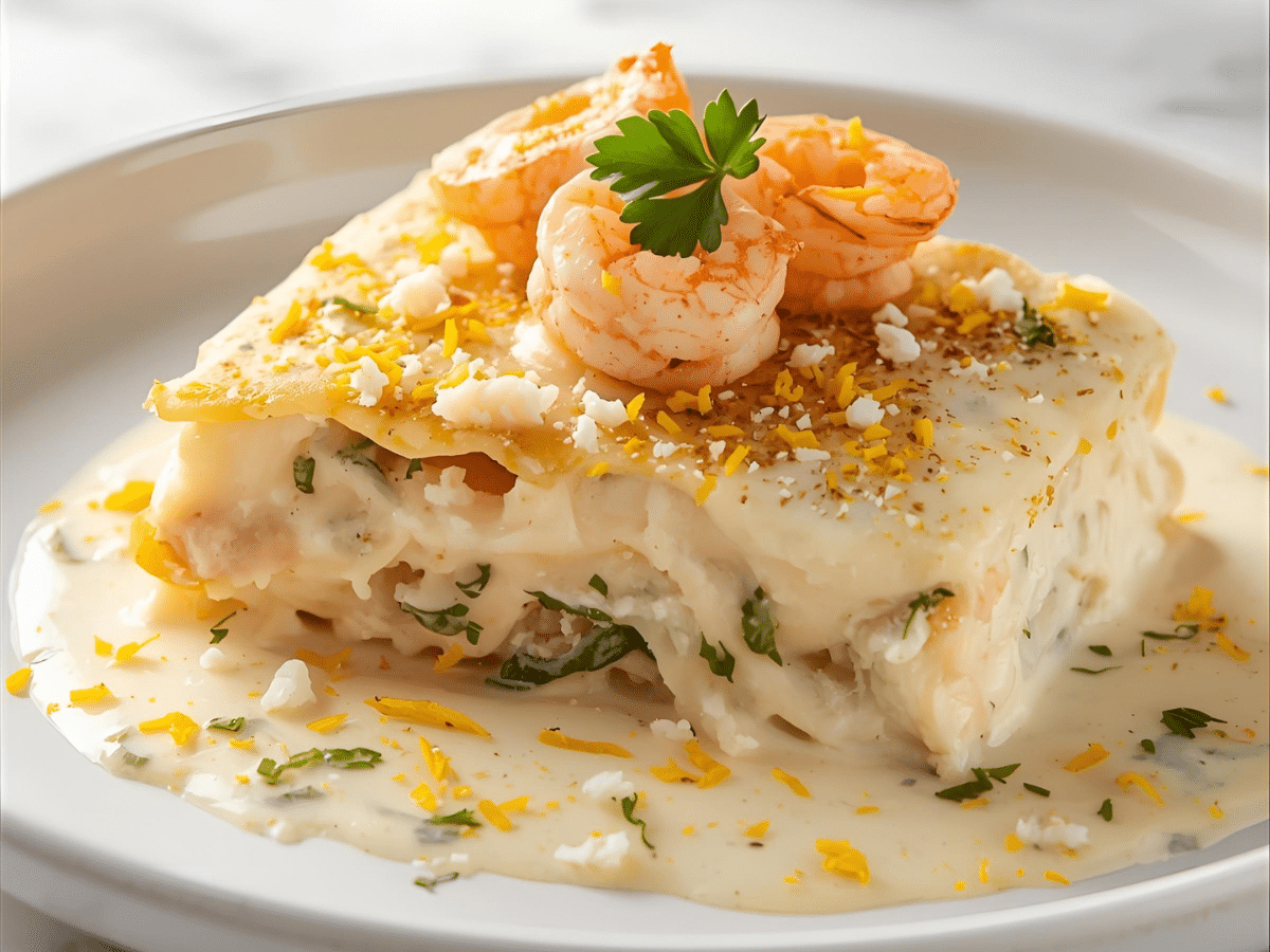 Alt text: Creamy crab and shrimp lasagna slice with Alfredo, ricotta layers, and parsley garnish on marble.