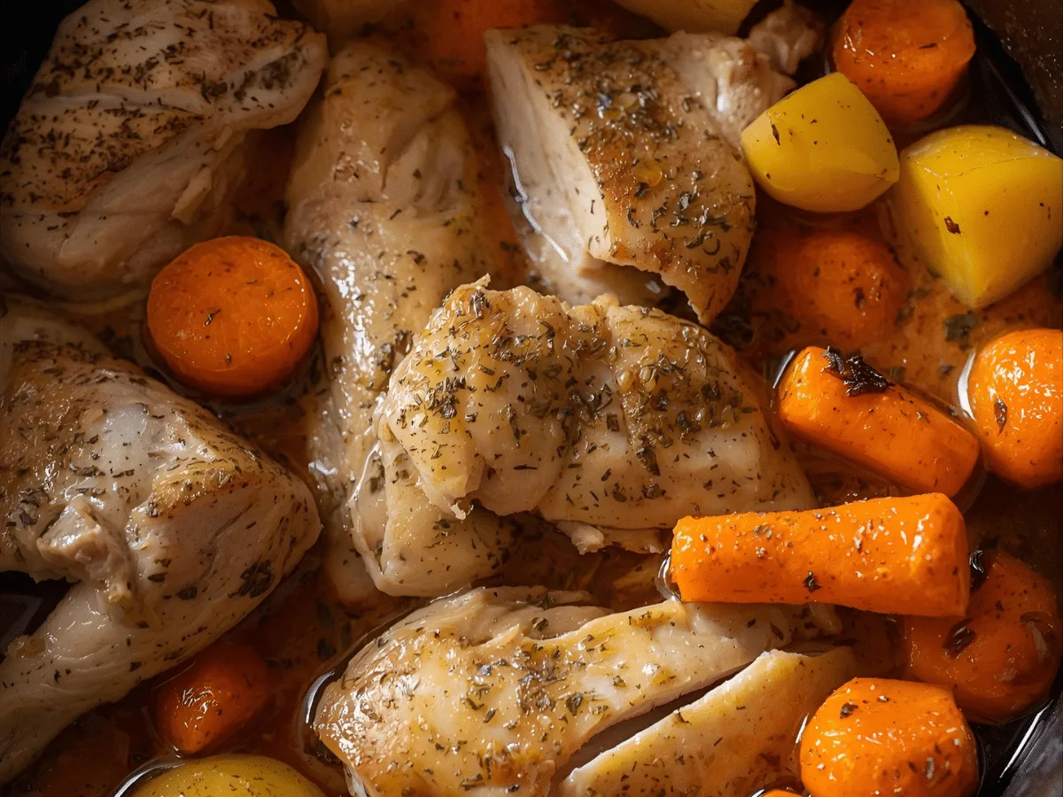 Garlic Butter Chicken and Veggies: Slow cooker filled with garlic butter chicken, baby carrots, and Yukon gold potatoes in rich sauce
