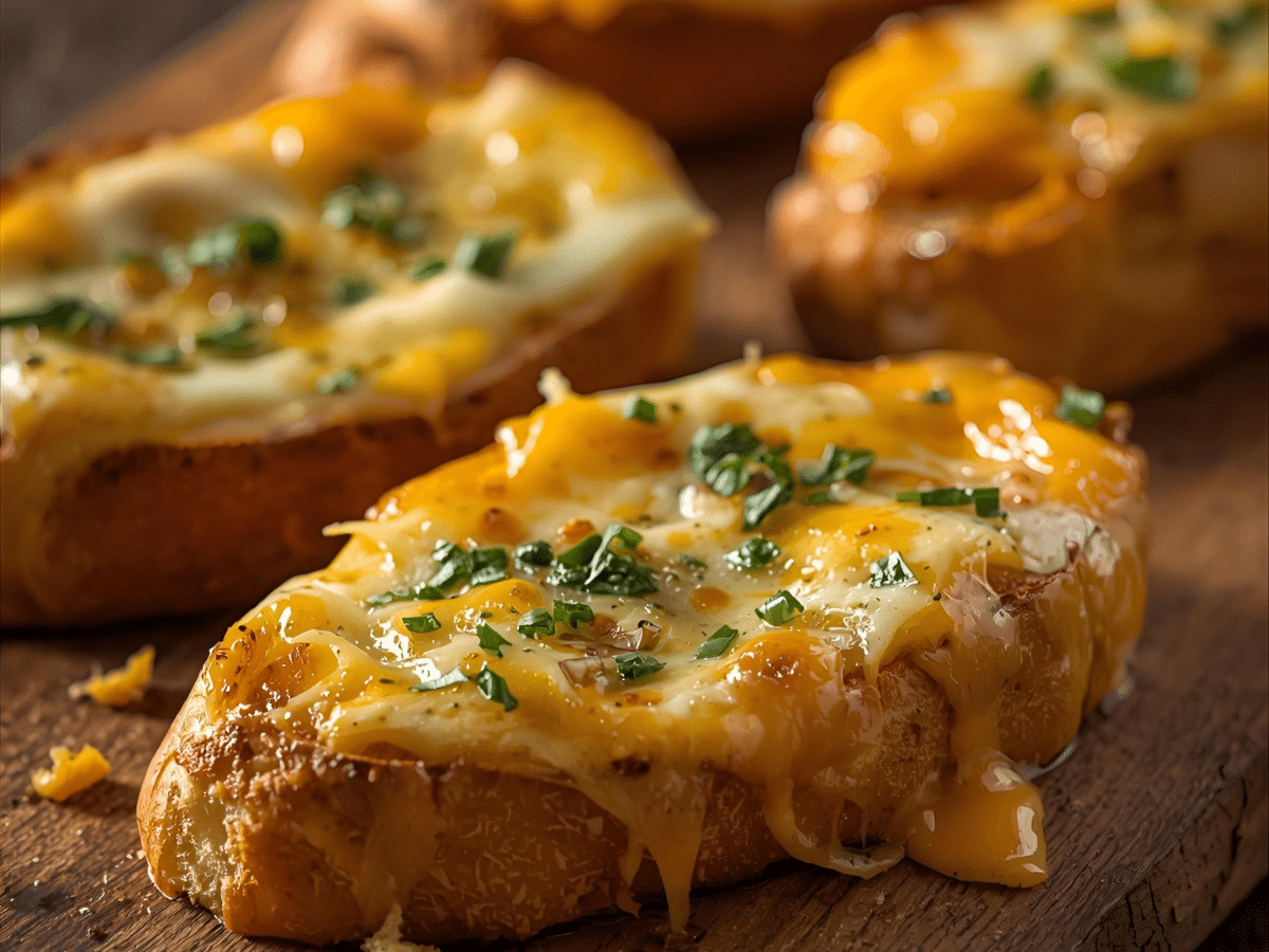 Cheesy garlic bread halves with golden edges and melted mozzarella and cheddar​