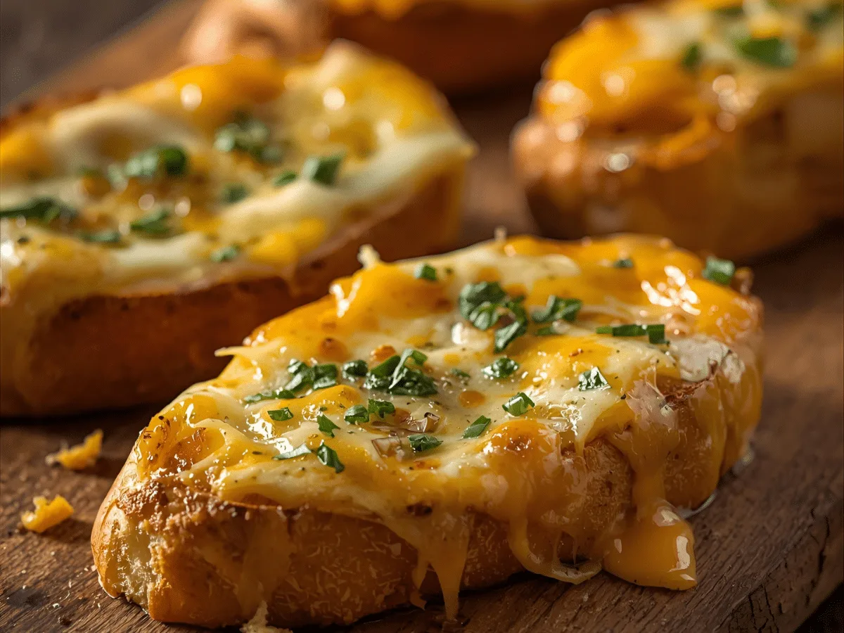 Cheesy garlic bread halves with golden edges and melted mozzarella and cheddar​