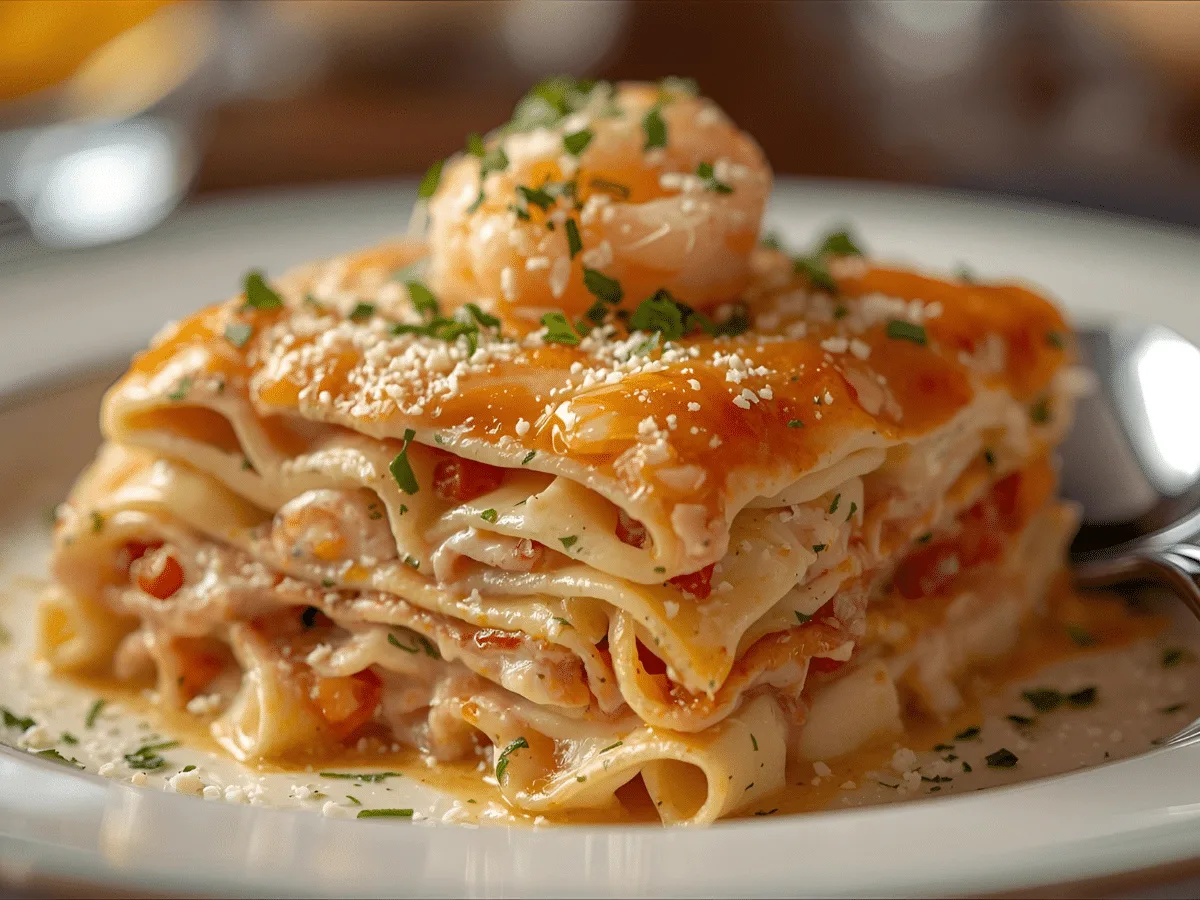 Creamy seafood lasagna with shrimp and crab, ricotta layers, and golden melted cheese​