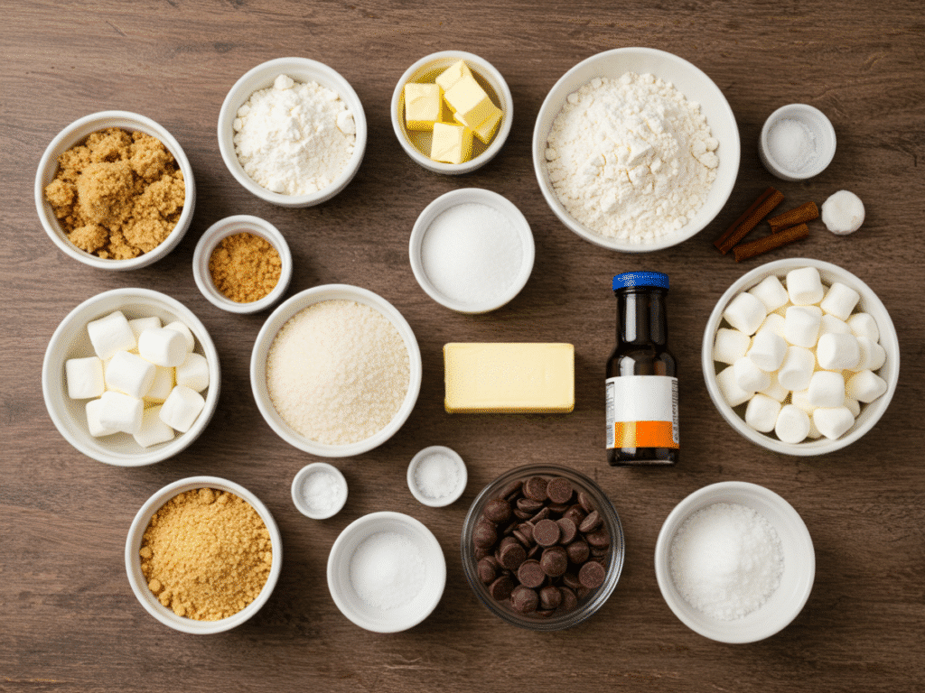 Flat lay of S’mores Cookies ingredients — flour, butter, sugars, graham crumbs, chocolate chips, and marshmallows.