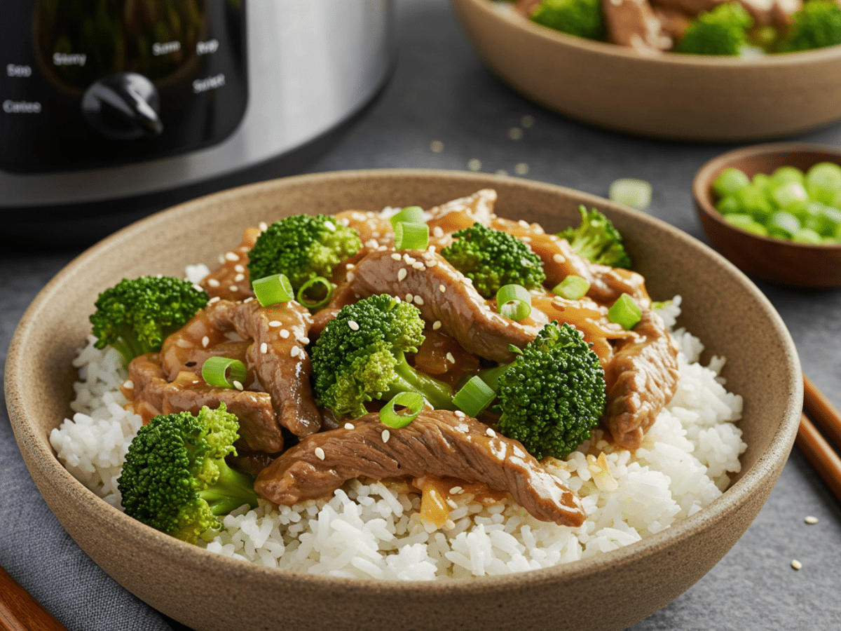 Alt Text: Side angle of creamy broccoli beef crockpot in a rustic bowl with fresh broccoli and beef strips, topped with sesame seeds and green onions