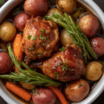 Plated honey garlic chicken crock pot meal with chicken, broccoli and rice on rustic table