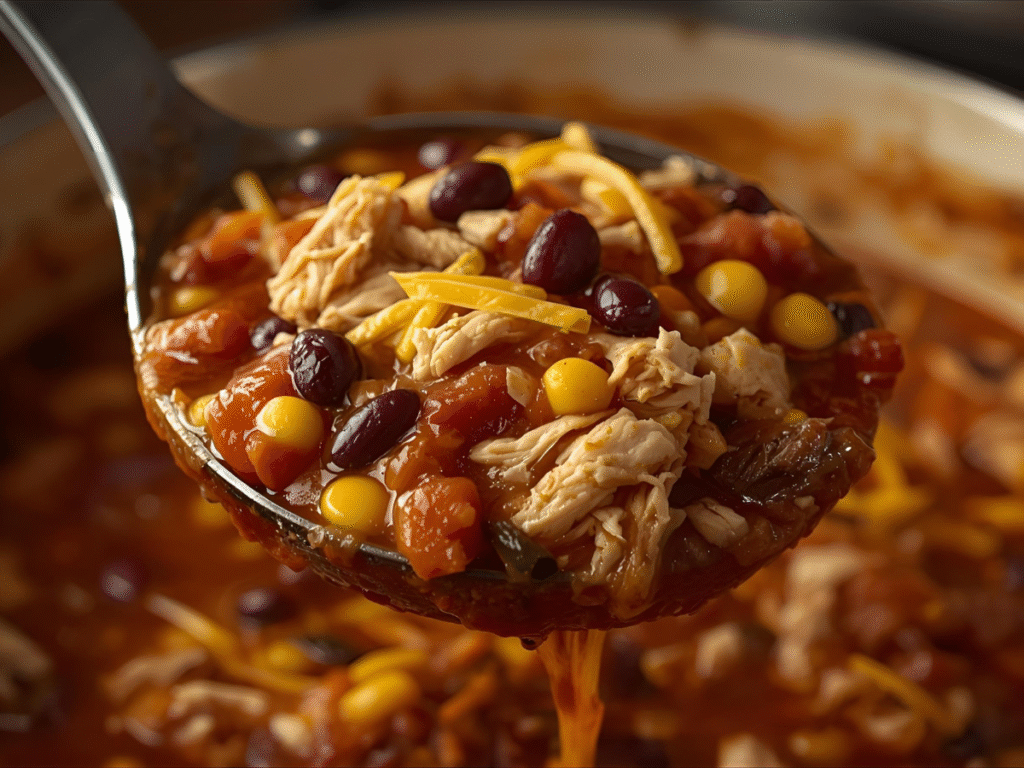Chicken taco soup with shredded chicken, black beans, corn, cilantro, and lime in a tomato broth.​